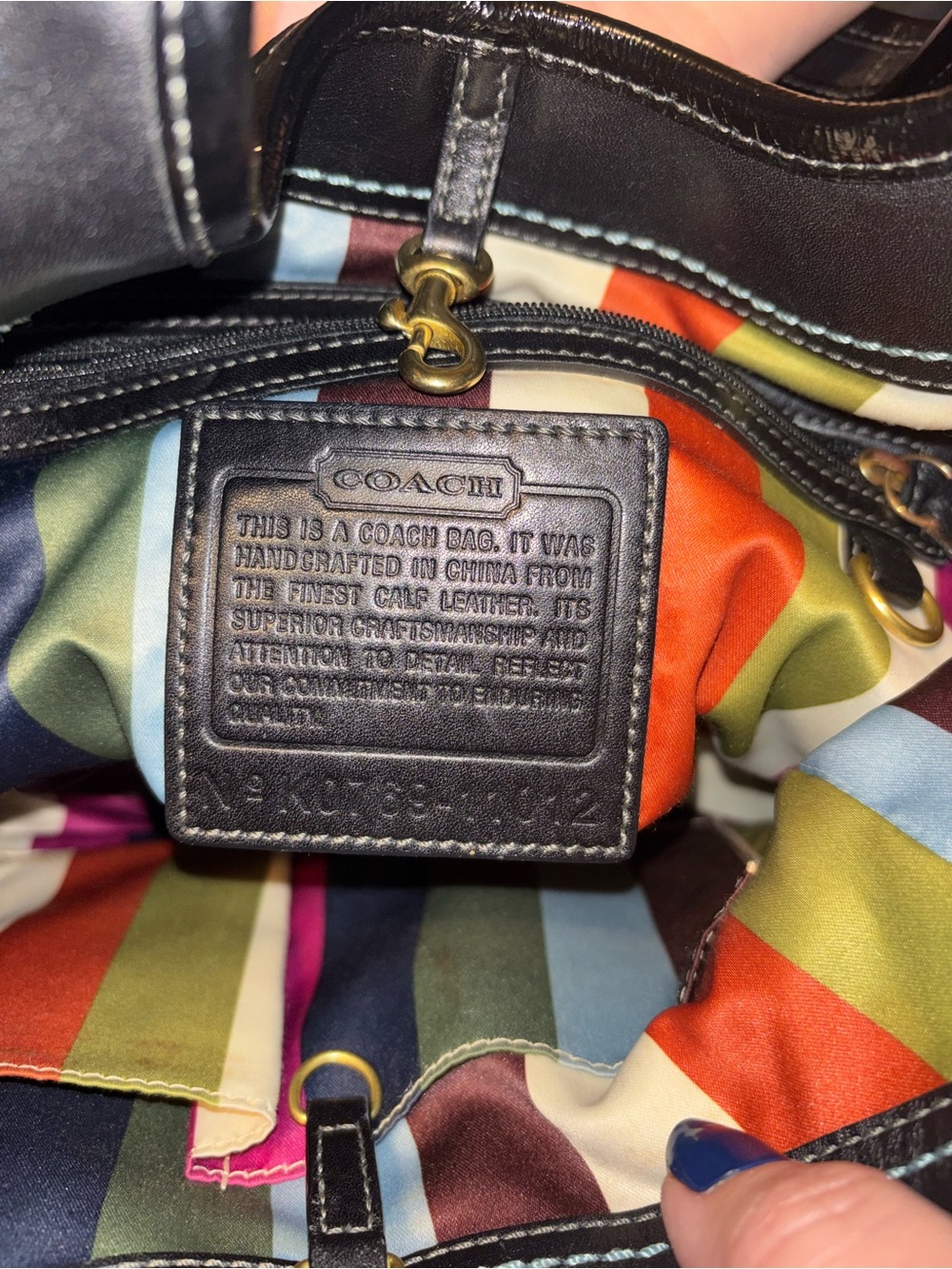Coach Black Leather Tote with Multicolor Striped Lining